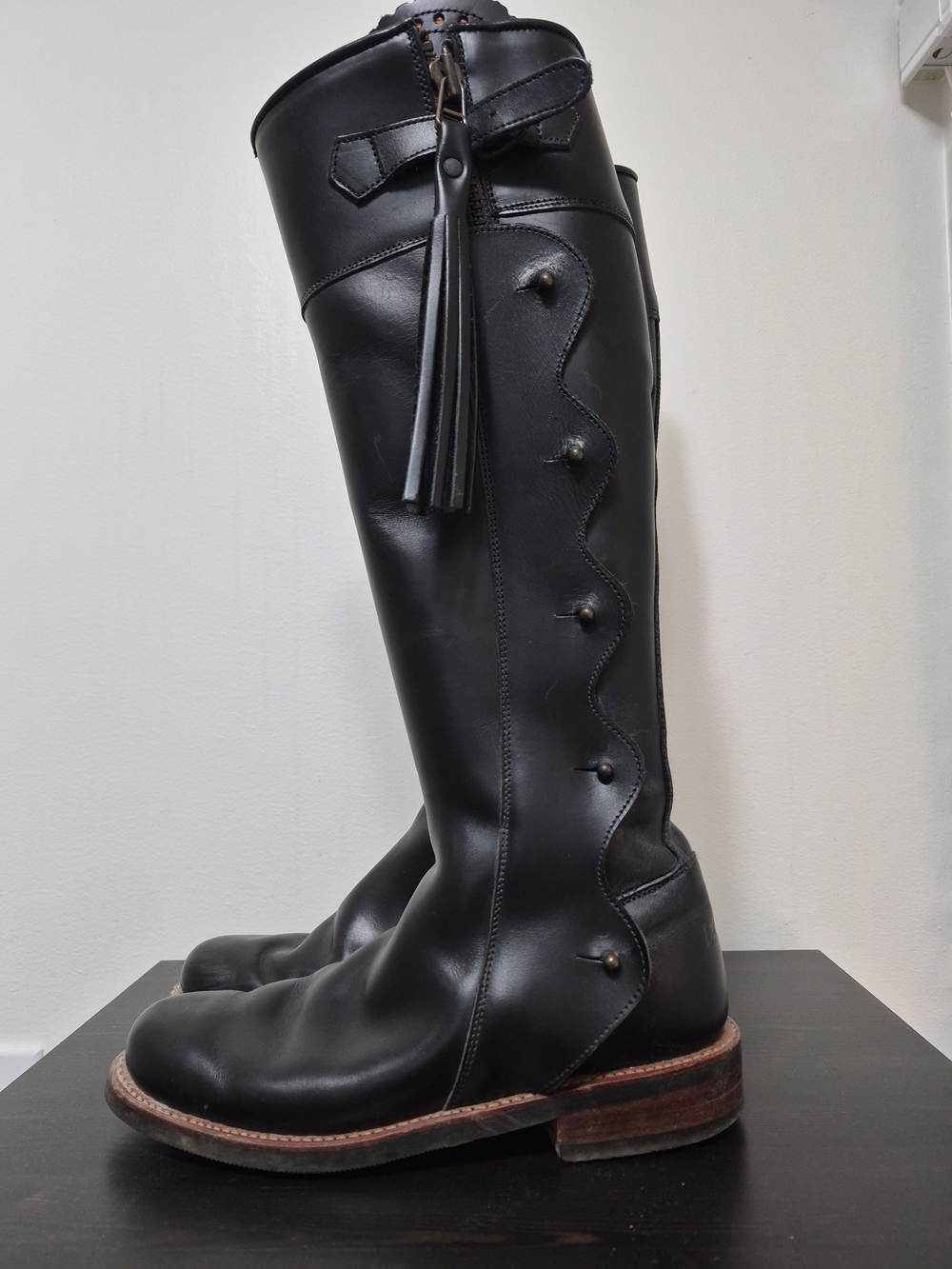 Vintage Black Leather Tall Cowboy Boots with Tassel